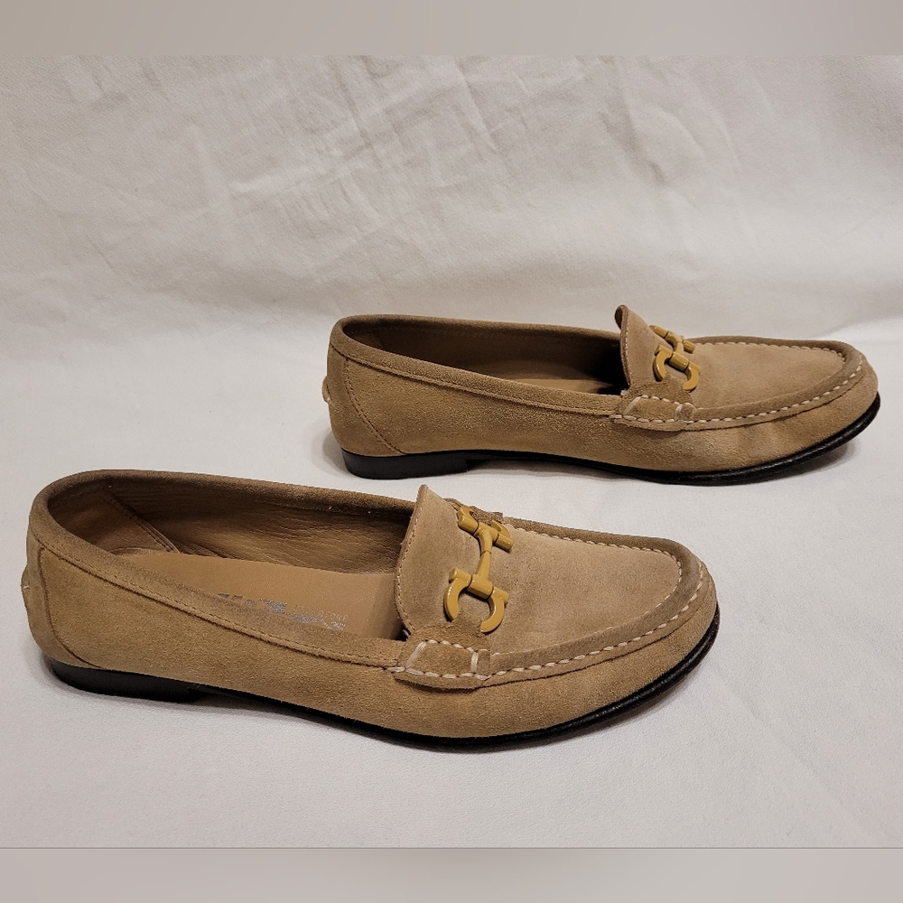 Salvatore Ferragamo Tan Suede Loafers with Gold Hardware